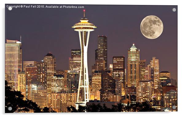 seattle at night with moon Acrylic by Paul Fell