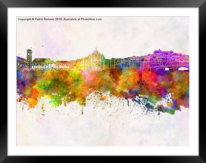 Coimbra skyline in watercolor background Framed Mounted Print by Pablo Romero