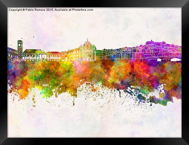 Coimbra skyline in watercolor background Framed Print by Pablo Romero