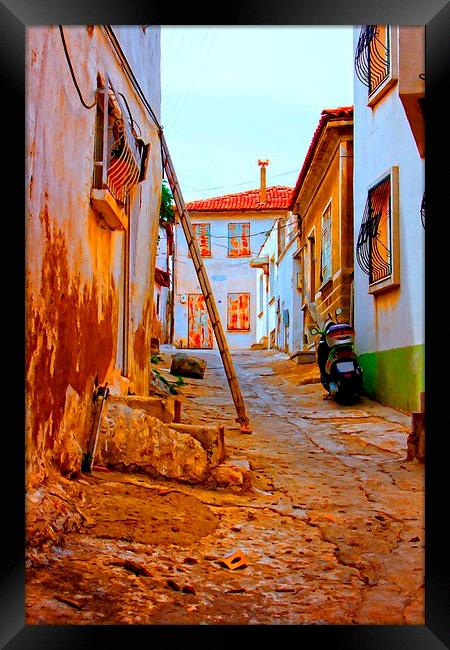 Digital painting of a Turkish village street scene Framed Print by ken biggs