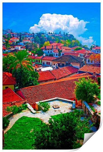 Digital painting of rooftops in Kaleici, Antalya,  Print by ken biggs