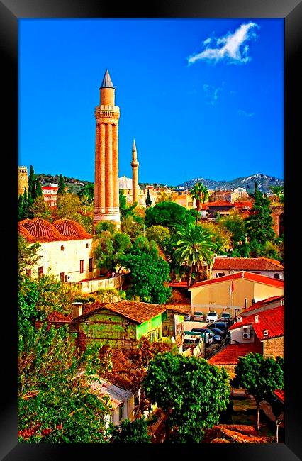 Digital painting, rooftops with mosque in Kaleici, Framed Print by ken biggs