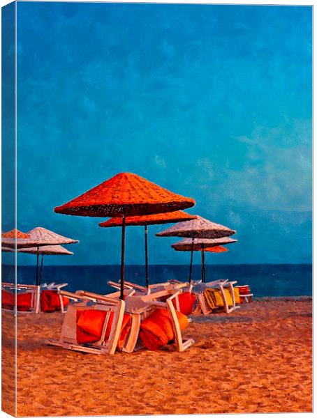 Digital painting of beach umbrellas and a tree at  Canvas Print by ken biggs