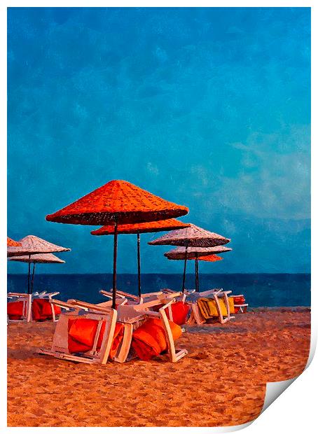Digital painting of beach umbrellas and a tree at  Print by ken biggs