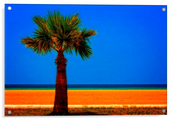 A digitally converted painting of a lone palm tree Acrylic by ken biggs