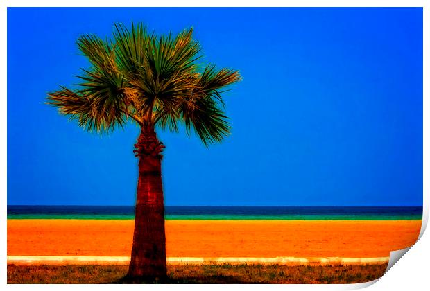 A digitally converted painting of a lone palm tree Print by ken biggs