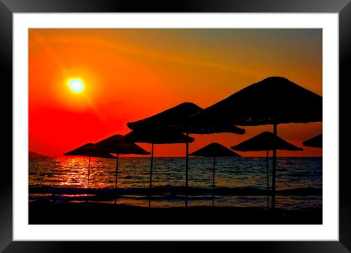 Digital painting of beach umbrellas at sunset Framed Mounted Print by ken biggs