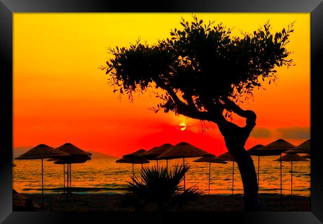 Digital painting of beach umbrellas and a tree at  Framed Print by ken biggs