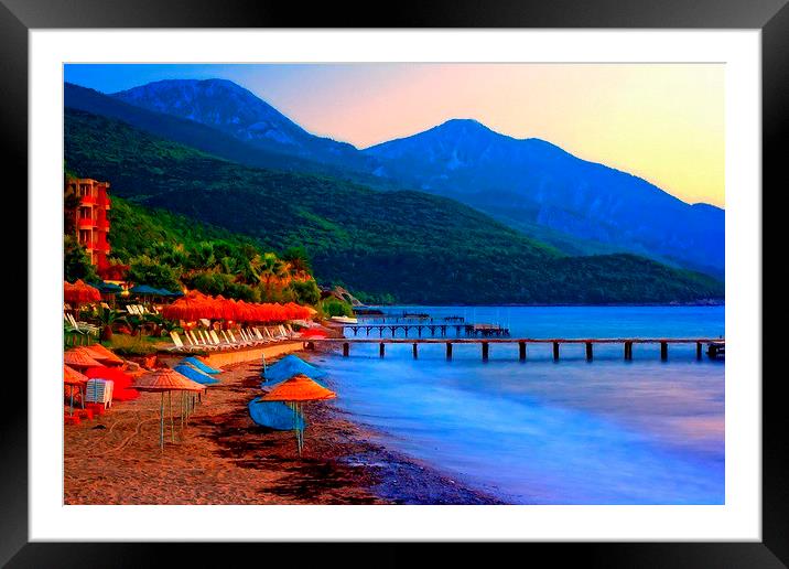 A digitally converted painting of a beach and pier Framed Mounted Print by ken biggs