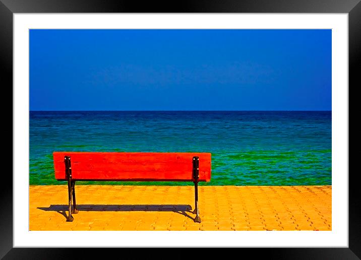 A digitally converted painting of a lone bench ove Framed Mounted Print by ken biggs