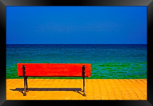 A digitally converted painting of a lone bench ove Framed Print by ken biggs