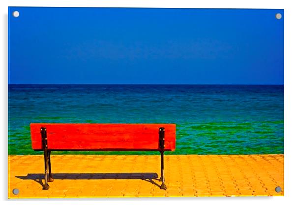 A digitally converted painting of a lone bench ove Acrylic by ken biggs