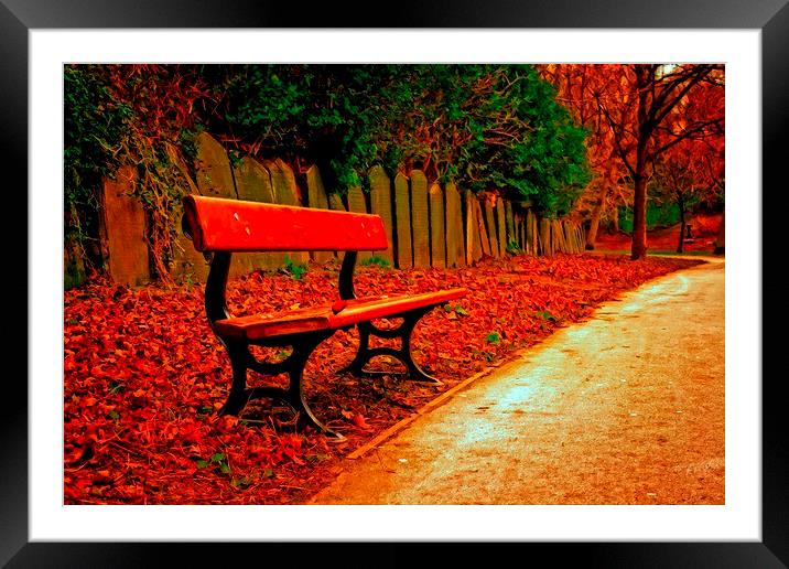 A digitally converted painting of a single bench i Framed Mounted Print by ken biggs
