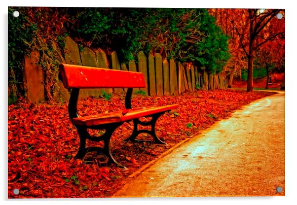 A digitally converted painting of a single bench i Acrylic by ken biggs