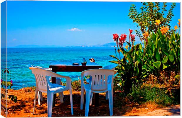 Digital painting of a cafe table by the sea Canvas Print by ken biggs