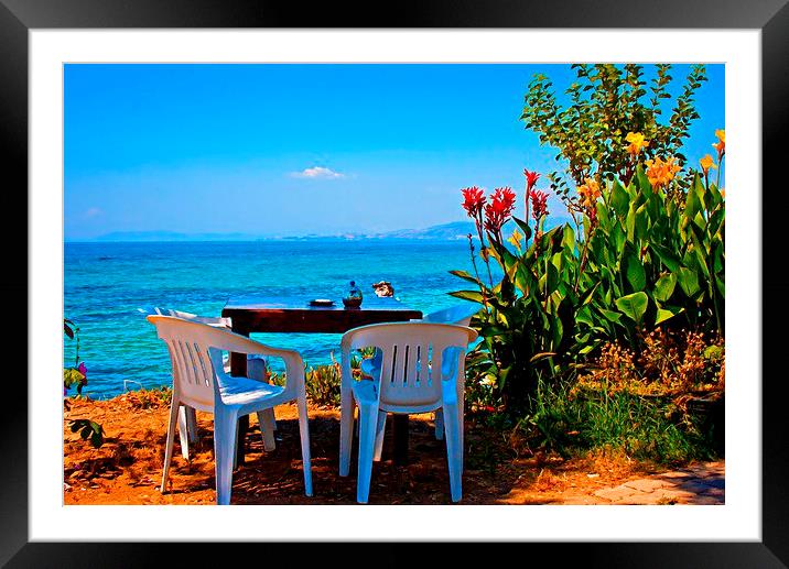Digital painting of a cafe table by the sea Framed Mounted Print by ken biggs