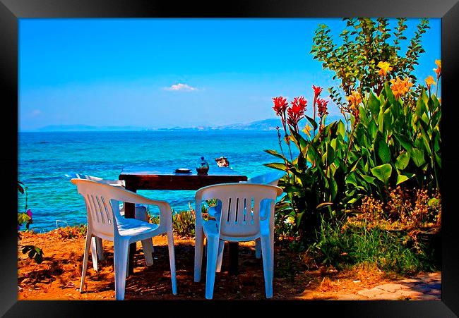 Digital painting of a cafe table by the sea Framed Print by ken biggs