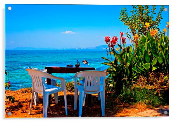 Digital painting of a cafe table by the sea Acrylic by ken biggs
