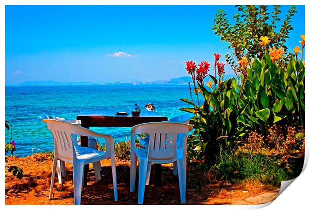 Digital painting of a cafe table by the sea Print by ken biggs