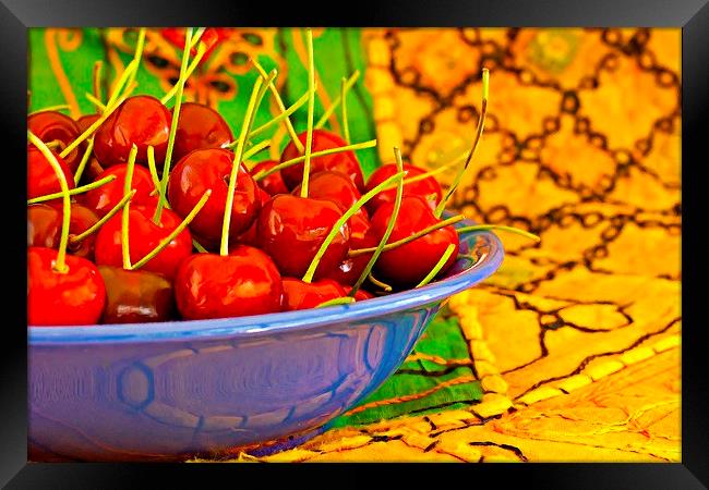 Digital painting of a bowl of ripe red cherries Framed Print by ken biggs
