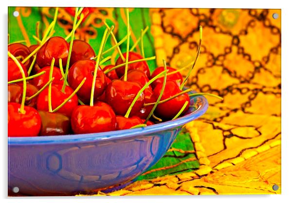 Digital painting of a bowl of ripe red cherries Acrylic by ken biggs