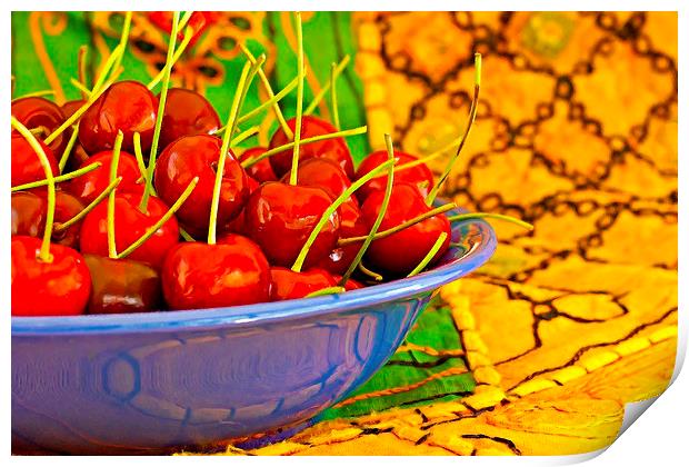 Digital painting of a bowl of ripe red cherries Print by ken biggs