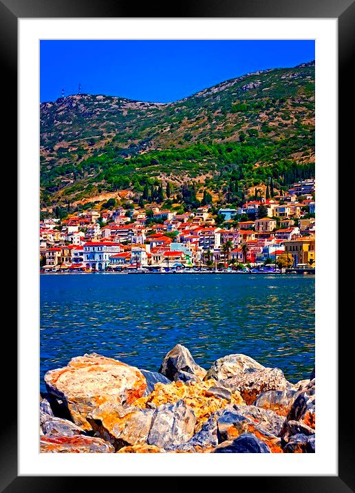 Digital painting of the port of Vathy on Samos Gre Framed Mounted Print by ken biggs