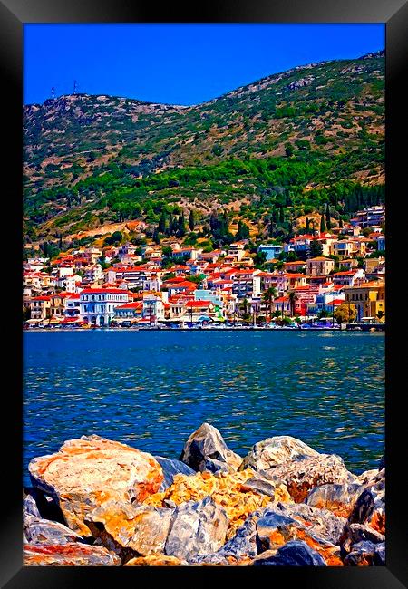 Digital painting of the port of Vathy on Samos Gre Framed Print by ken biggs