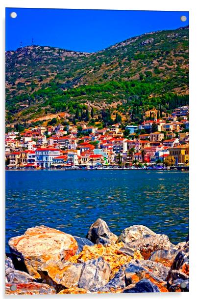 Digital painting of the port of Vathy on Samos Gre Acrylic by ken biggs