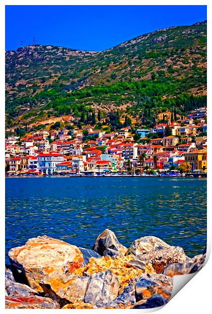 Digital painting of the port of Vathy on Samos Gre Print by ken biggs