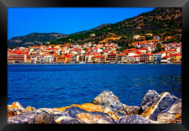 Digital painting of the port of Vathy on Samos Gre Framed Print by ken biggs