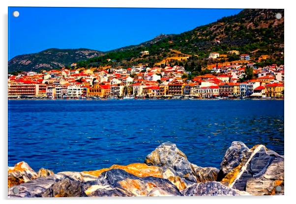 Digital painting of the port of Vathy on Samos Gre Acrylic by ken biggs