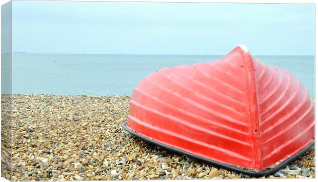  herne bay beach red boat Canvas Print by pristine_ images
