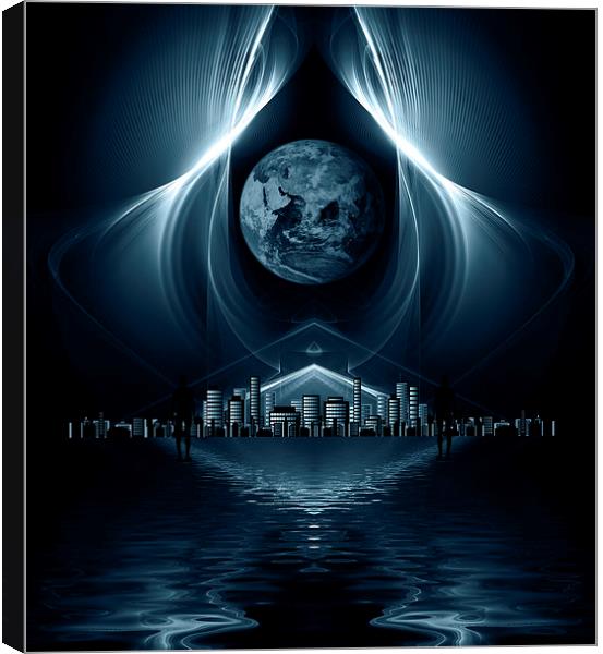 Aliens looking towards distant metropolis Canvas Print by ken biggs