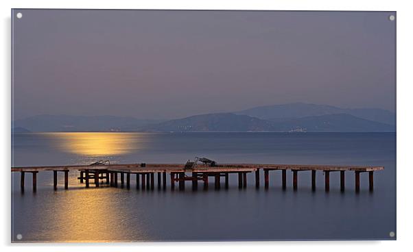 Long exposure on wooden pier with moonlight Acrylic by ken biggs