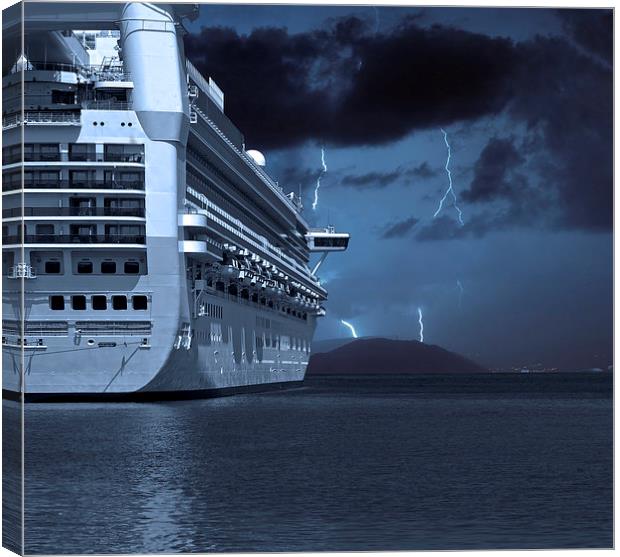 Cruise ship with lightning strikes in distance Canvas Print by ken biggs