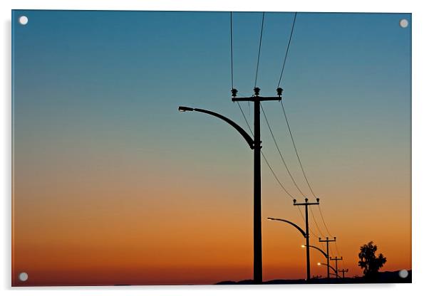 Electric power lines against a dawn sky Acrylic by ken biggs