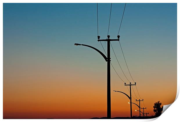 Electric power lines against a dawn sky Print by ken biggs