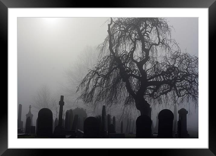 Spooky old cemetery on a foggy day Framed Mounted Print by ken biggs