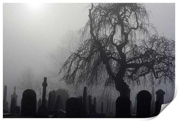 Spooky old cemetery on a foggy day Print by ken biggs