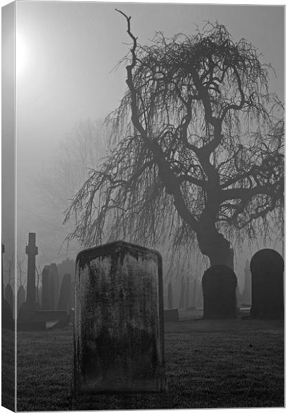 Spooky old cemetery on a foggy day Canvas Print by ken biggs
