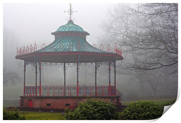Park bandstand on a foggy winters day Print by ken biggs