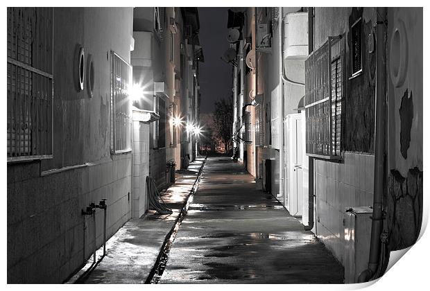Dark back alley on a wet night Print by ken biggs