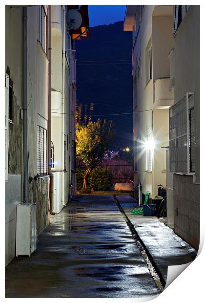 Dark back alley on a wet night Print by ken biggs