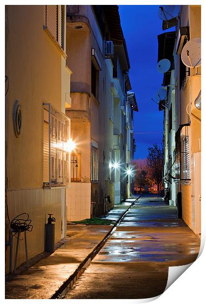 Dark back alley on a wet night Print by ken biggs