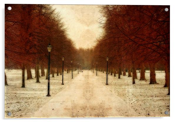 Vintage tree lined pathway through park in winter  Acrylic by ken biggs