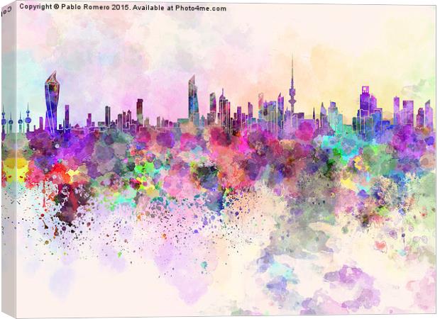 Kuwait City skyline in watercolor background Canvas Print by Pablo Romero