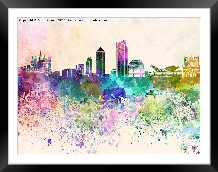 Lyon skyline in watercolor background Framed Mounted Print by Pablo Romero