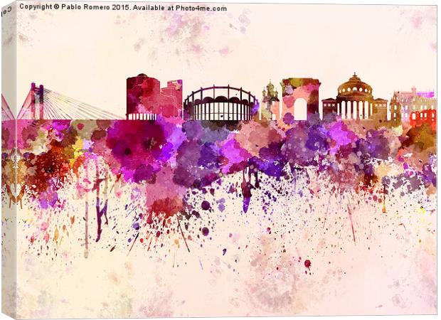 Bucharest skyline in watercolor background Canvas Print by Pablo Romero