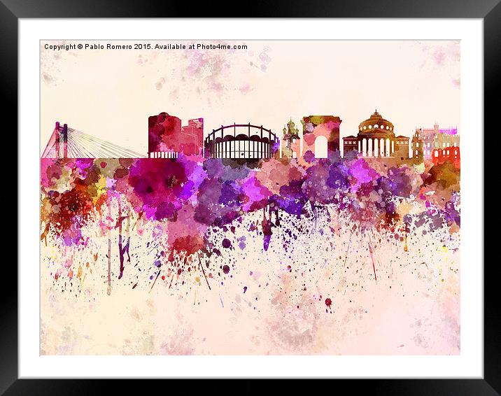 Bucharest skyline in watercolor background Framed Mounted Print by Pablo Romero